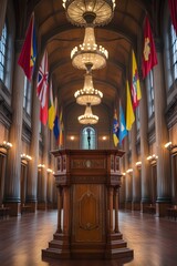 Ceremonial Speech Interior &ndash; Emblem Podium Against Grand Architectural Backdrop
