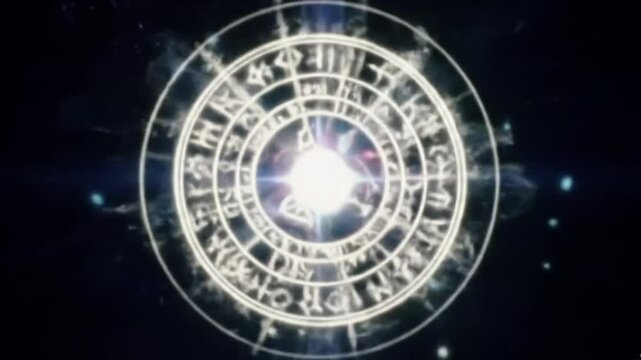 Mystical Ancient Symbol Rotating in Space with Glowing Energy and Futuristic Design
