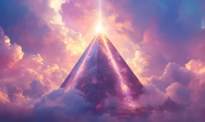 Fototapeten Majestic pyramid floating above the clouds, emanating a powerful beam of light, creating a breathtaking fantasy landscape © VictoriaEmerson