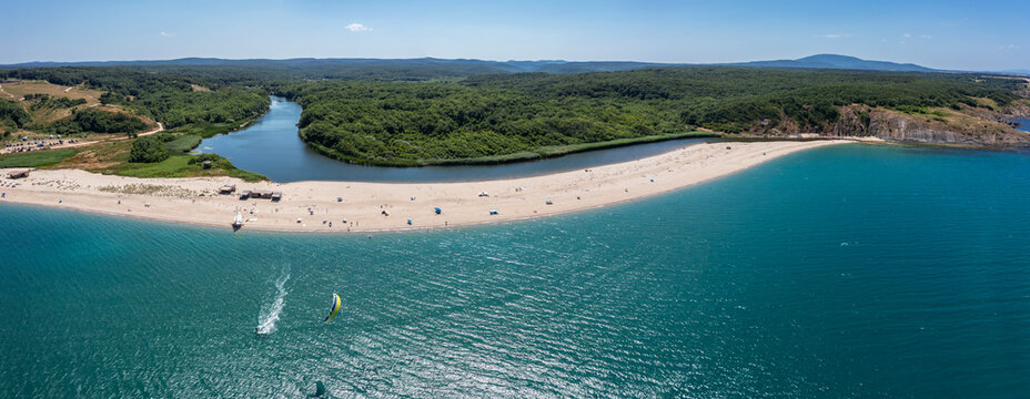 Aerial view to beautiful beach on Sinemorets and mouth of Veleka river, Black sea, Bulgaria