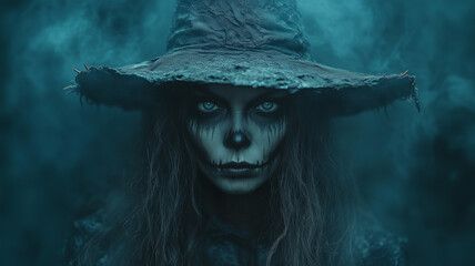 Spooky female witch in dark forest mist with eerie expression, dramatic lighting and textured costume. Halloween