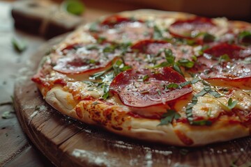Freshly baked pepperoni pizza with melted cheese and aromatic herbs served on rustic wooden board in soft natural light