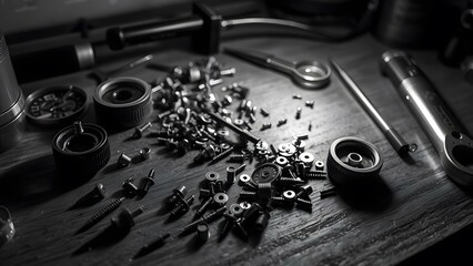 A detailed closeup of screws and tools scattered across a wooden surface in a workshop setting.