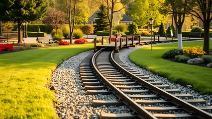 Fototapeta premium A serene park scene featuring a winding railway and footbridge surrounded by vibrant flowers and lush greenery.