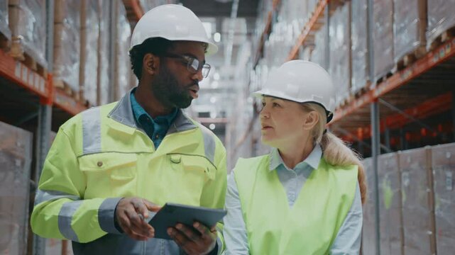 Industrial supervisors in safety vests and hard hats conversing inside warehouse. Male worker using tablet for inventory check, female colleague speaking while gesturing during collaborative review.