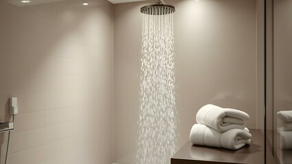 A serene bathroom scene featuring a modern shower and neatly stacked towels for a relaxing experience.