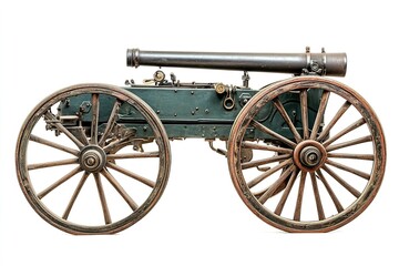 Close-up of classic cannon with large spoked wheels, standing alone on white backdrop. concept related to warfare, museum exhibits, historical reenactments and heritage collections
