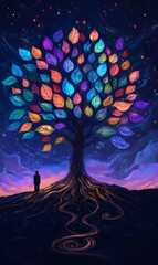 Surreal colorful glowing tree with man admiring it under starry night sky, concept of hope, dreams, and new beginnings