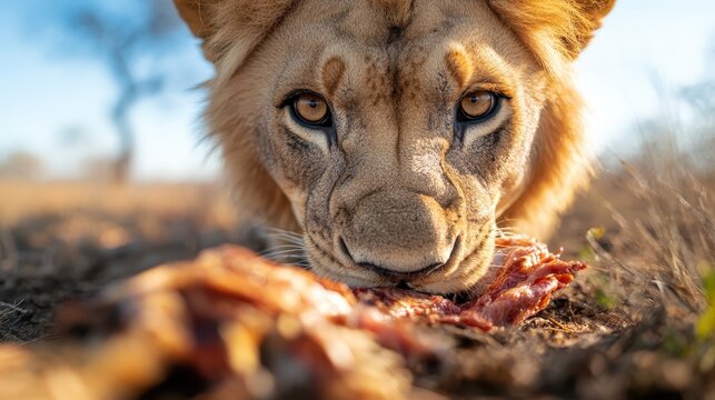 A close-up of a powerful lion's face as it enjoys a meal in its natural habitat, showcasing the raw beauty and strength of wildlife in a moment of primal instinct.