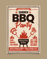 Summer BBQ Party Portrait flyer, bbq invitation retro poster vector template design