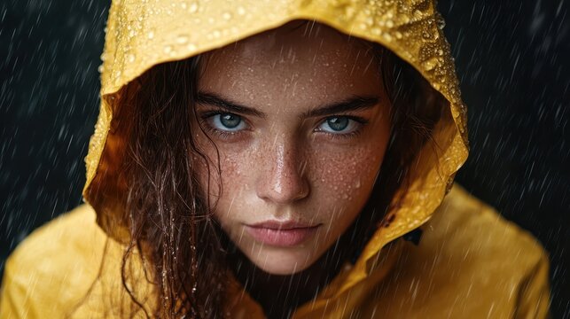 A captivating portrait of a young woman wearing a yellow raincoat, showcasing her piercing blue eyes, as raindrops cascade down, highlighting emotion and resilience in adverse weather.