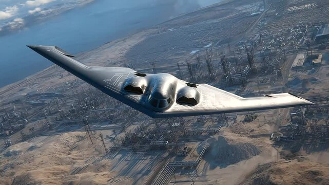 B- bomber flies over an inland oil pipeline hub, dozens of valves and metallic structures stretching across the sand beneath
