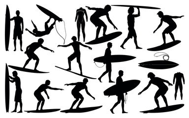 Collection of surfing silhouettes in various poses and actions silhouette