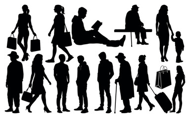 Diverse group of people in silhouette with shopping bags and luggage