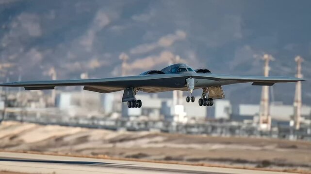 B- bomber flies over an inland oil pipeline hub, dozens of valves and metallic structures stretching across the sand beneath