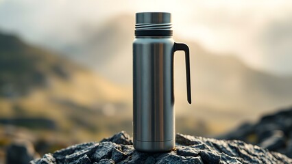 Obraz premium Stylish metal thermos on a rocky surface, perfect for outdoor adventures and keeping drinks at the right temperature.
