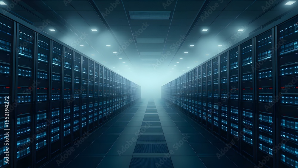 Poster a modern server room with illuminated data storage units in a foggy environment, showcasing technolo