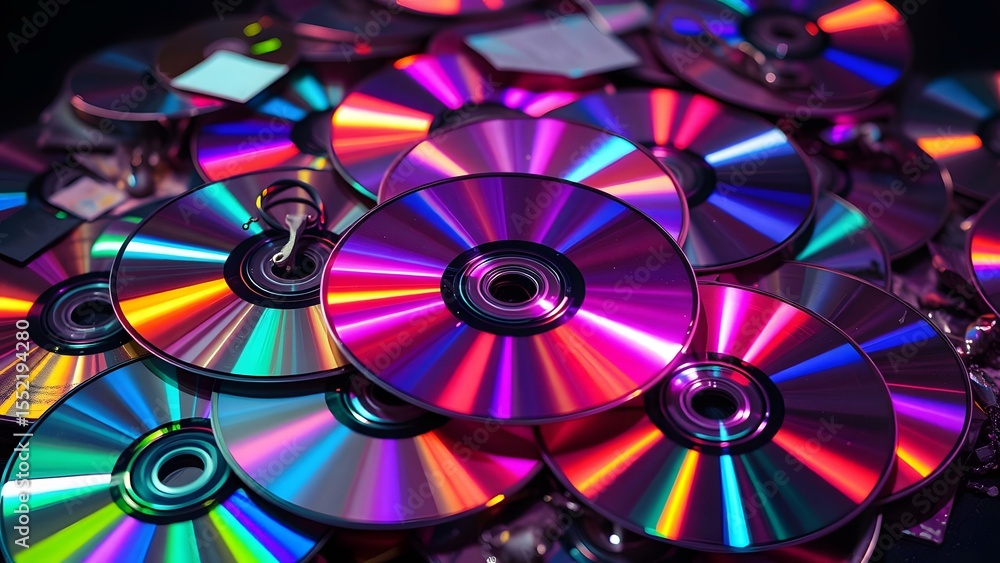 Poster a vibrant collection of colorful discs showcasing reflections and abstract patterns in the light.