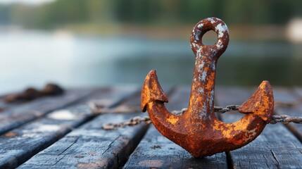 A weathered and rusty anchor rests on a dilapidated wooden dock, symbolizing journeys, nostalgia, and resilience in a serene waterside setting amid nature's tranquility.