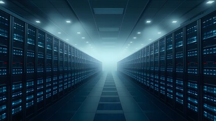 A modern server room with illuminated data storage units in a foggy environment, showcasing technological advancement.