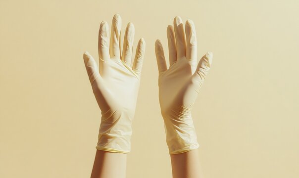 Close-up of doctor's hands wearing sterile latex gloves, conveying a sense of hygiene and readiness in a medical setting