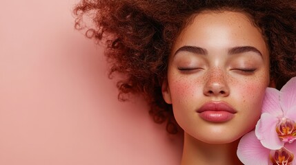 A serene woman with beautiful freckles gazes peacefully with her eyes closed, akin to a natural beauty, complemented by an elegant pink orchid against a soft pastel background.