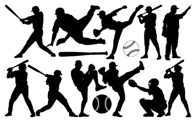 Collection of baseball player actions and equipment silhouette