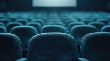 Obraz premium Rows of empty plush movie theater seats create a serene and anticipatory atmosphere, symbolizing leisure, entertainment, and the experience of cinematic storytelling.