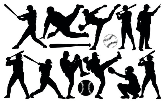 Collection of baseball player actions and equipment silhouette