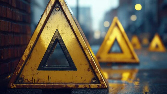 A bright yellow triangle warning sign sitting on top of a sidewalk