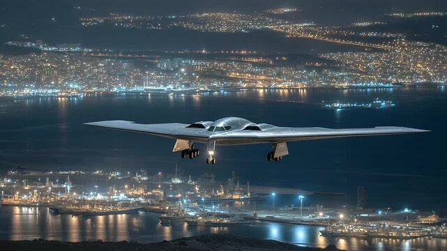 Night-time sortie of the B- Spirit across a Middle Eastern naval base, floodlights illuminating docked submarines and defense infrastructure