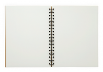 Open spiralbound notebook with blank white pages, isolated on transparent background