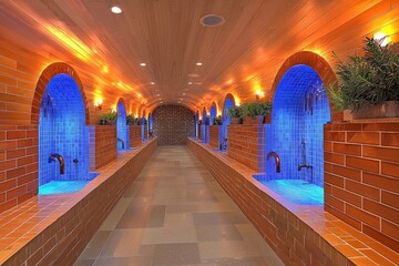 Illuminated Minimalist Hallway with Blue Water Features