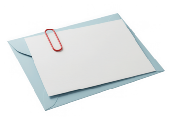 Blank white letter in a light blue envelope with a red paperclip, isolated on transparent background