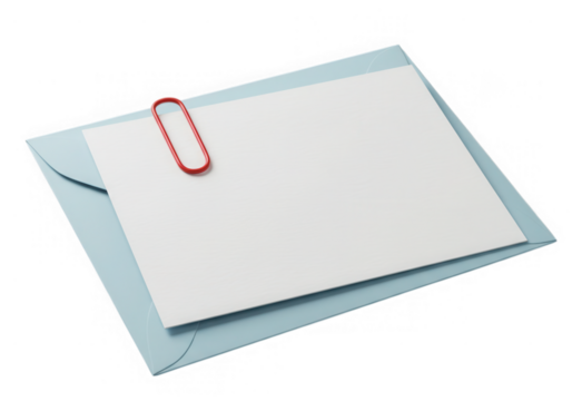 Blank white letter in a light blue envelope with a red paperclip, isolated on transparent background