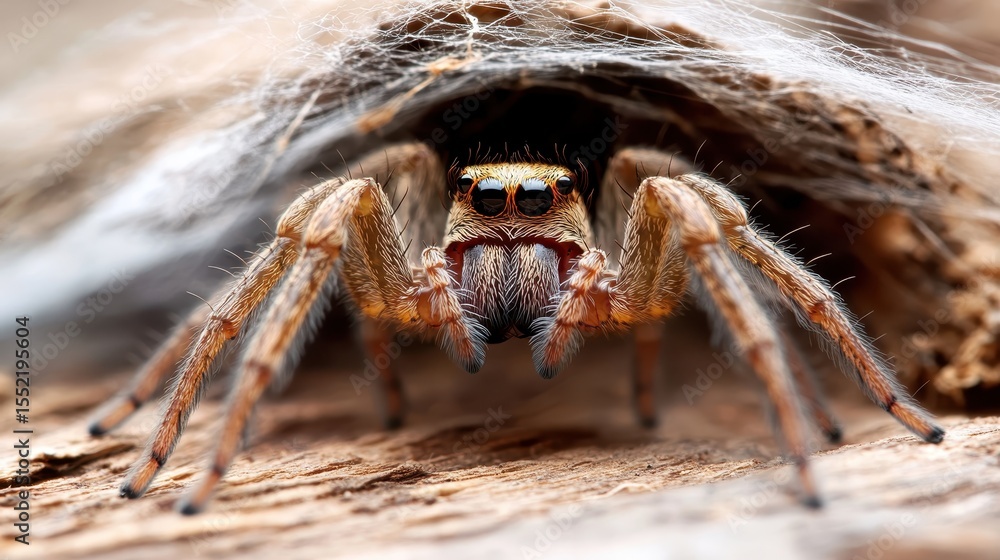 Poster an intricate close-up view of a spider nestled in its web, showcasing the delicate details of its fe