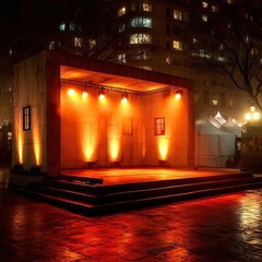 Illuminated Stage at Night in Urban Setting