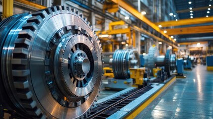 Fototapeta premium Large industrial metal gear in a factory setting.