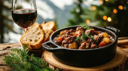 A warm and inviting beef stew, slow-cooked with root vegetables, served in a rustic bowl, alongside a glass of red wine and a slice of crusty bread, perfect for winter.