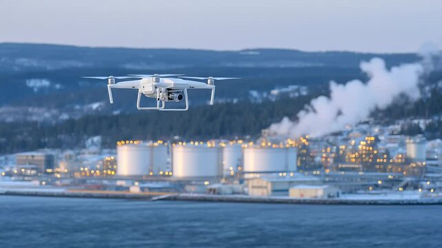 Armed drone flying low above an LNG terminal with gleaming storage tanks, steam rising into the cold morning sky