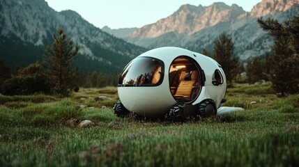 This image illustrates a unique futuristic pod-shaped mobile home nestled in a lush green landscape, exemplifying innovative design and a harmonious blend of technology and nature.