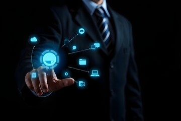 Businessman touching a digital interface with connected technology icons and data flow