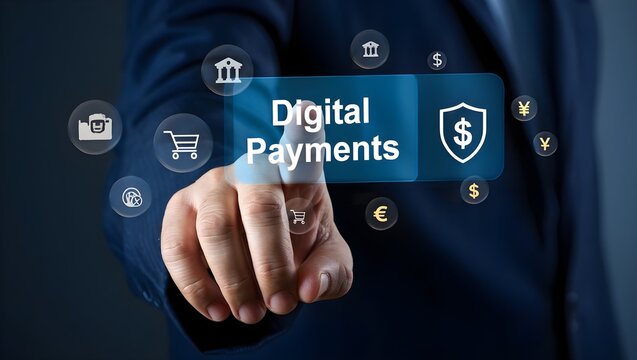 Man s finger touching screen with digital payment icons and text