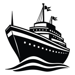 Fototapeta premium Illustrated Black and White Cruise Ship with Flags Navigating Ocean Waves Design