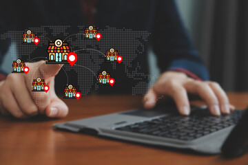 Franchise business store shop concept. Investment expansion with location world map and open new branch shop. Businessman touching franchise icon on virtual screen.