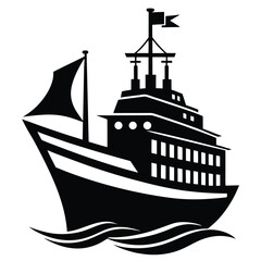 Black silhouette of ship on water with flag on top sailing peacefully