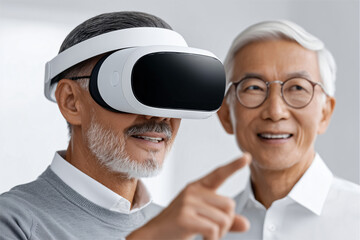 Senior man using VR headset with friend. Smiling senior man wearing a virtual reality headset, while another senior man points towards something in the scene.