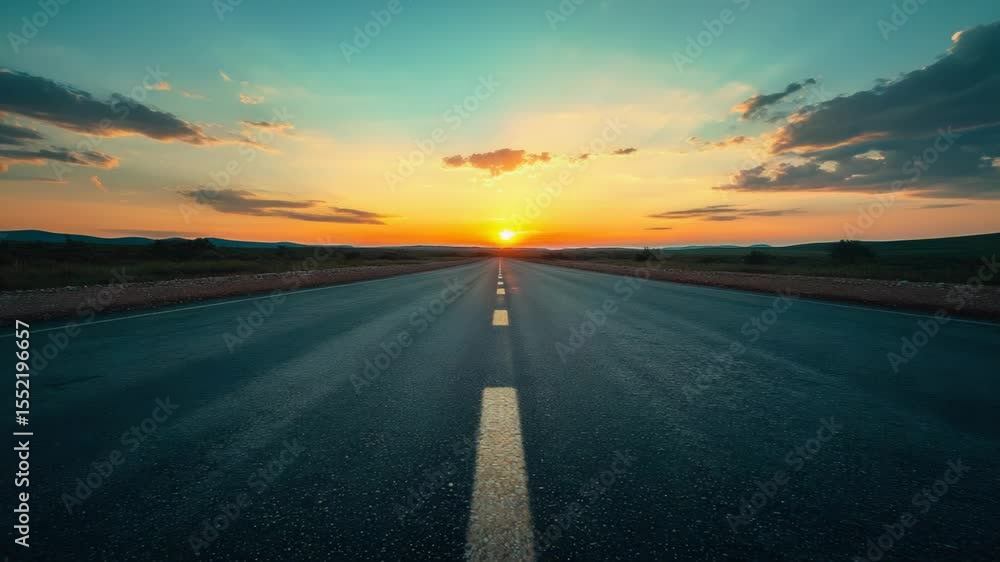 Poster a deserted highway with a beautiful sunset in the background