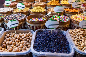 Various nuts and candies in the Turkish bazaar.