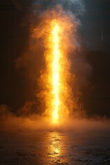 Intense Vertical Pillar of Yellow Fire and Smoke on Dark Surface